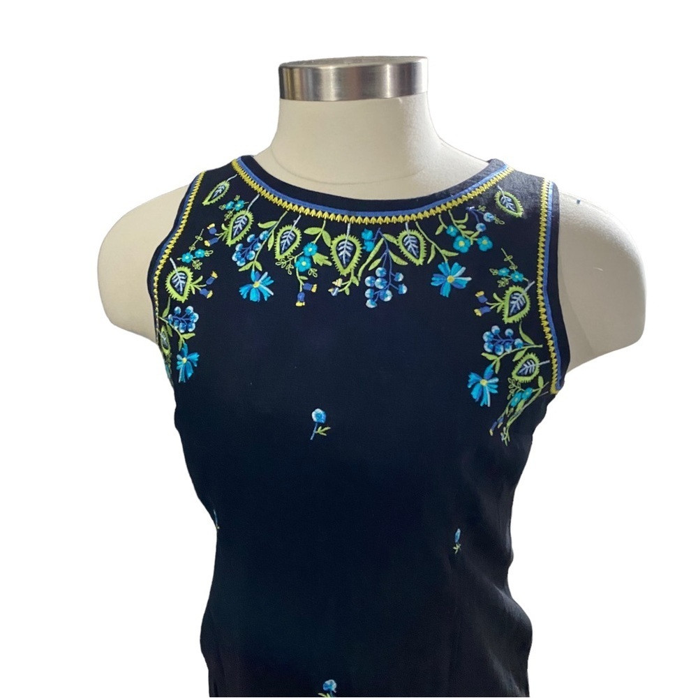 Ultra Dress NY Black Linen Embroidered Floral Sleeveless Maxi Dress Sz 16 Lined